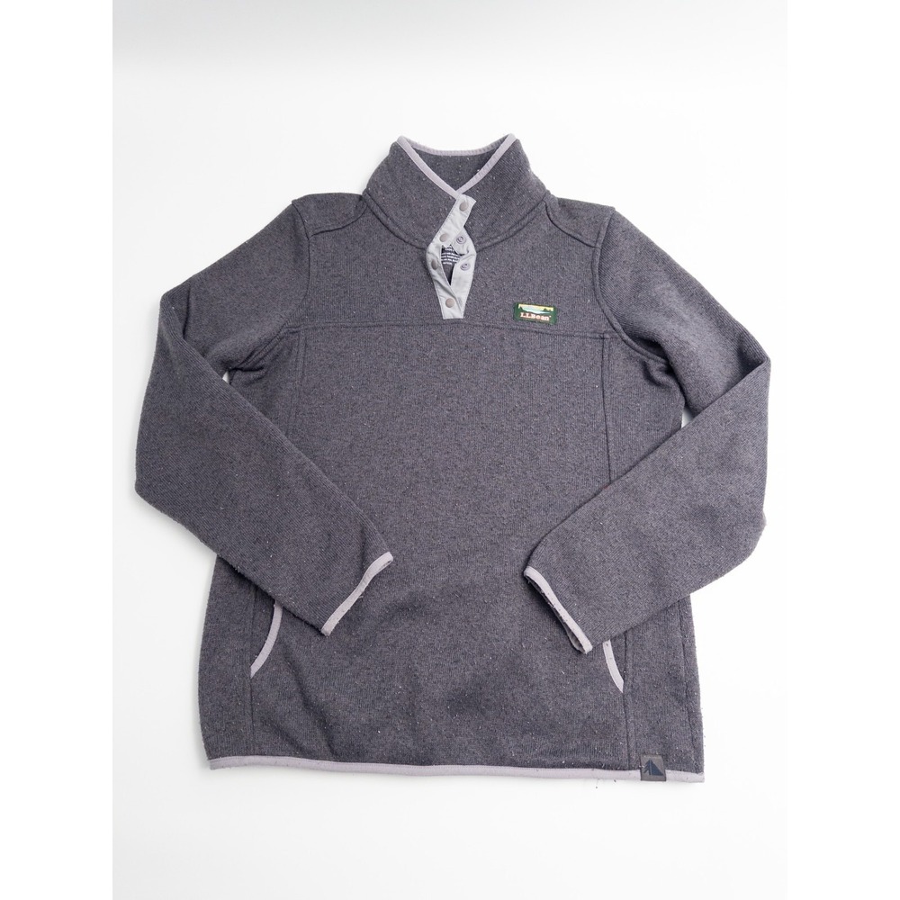 LL Bean Fleece Sweater Mens M Gray Snap Mock Neck Pockets 1/4‎ Pullover Outdoor